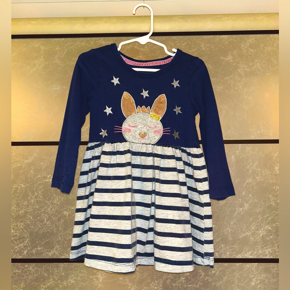 Navy blue + gray striped dress with bunny!